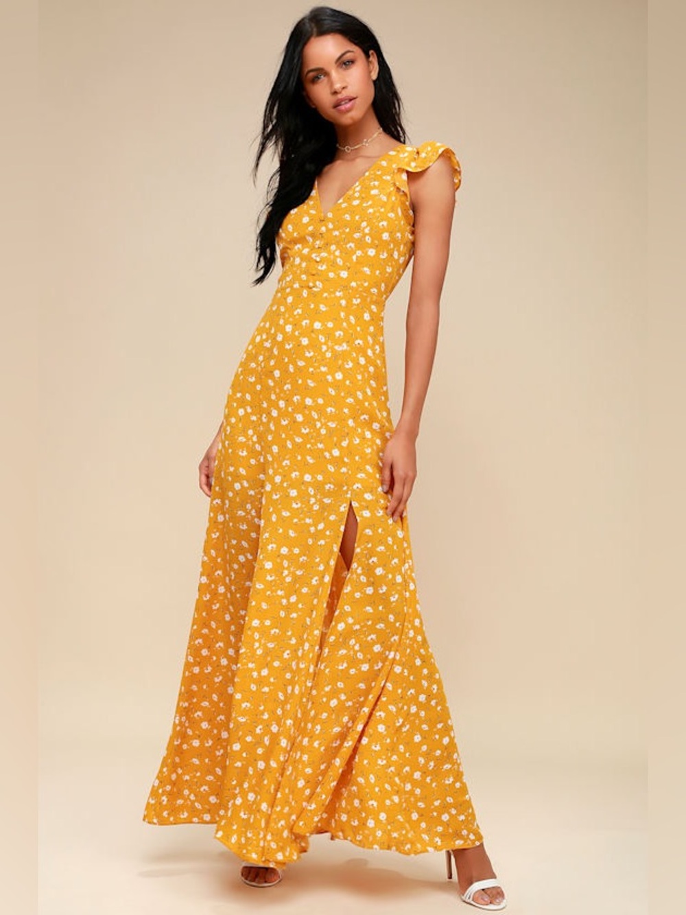 Fresh Picked Mustard Yellow Floral Print Backless Maxi Dress